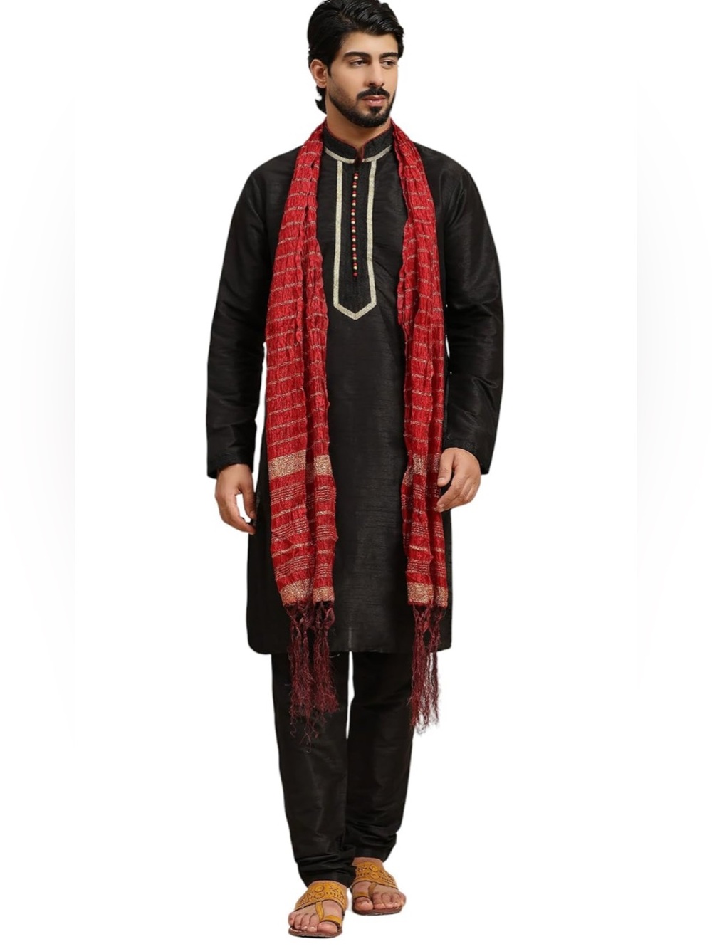 Men's navy Kurta with red Scarf with Subtle Gold Stripes
